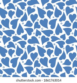 Herzmuster-Design in Blau und Weiß. Tossed Vektor nahtlose Wiederholung von Herzen und Punkten. handgezeichnet, illustrierter Hintergrund. Vergnügen romantische dekorative Ressource.