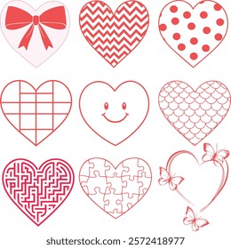 Heart Pattern Doodle Collection, Intricate Black and White Vector Illustrations, Featuring Unique Heart Designs with Geometric, Floral, Abstract, and Textured Patterns