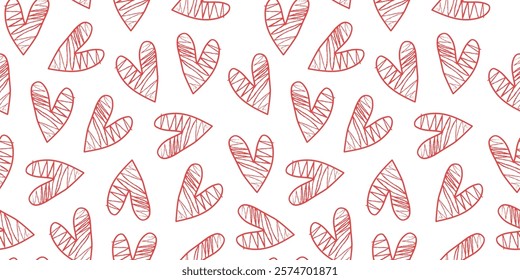 Heart pattern, drawing, sketch. Valentine's day. Hand drawn icons, doodles. Repeating background. Seamless texture.