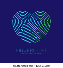 Heart pattern Fingerprint scan logo icon dash line, Love valentine concept, Editable stroke illustration green and blue isolated on dark blue background with Fingerprint text and space, vector eps10