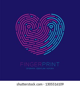 Patrón cardíaco Diseño de huellas dactilares Icono de barrido, Concepto de valentina de amor, Ilustración de trazo editable rosa y azul aislado en fondo azul oscuro con texto y espacio de huella dactilar, vectorial eps10