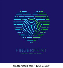 Heart pattern Fingerprint scan logo icon dash line, Love valentine concept, Editable stroke illustration green and blue isolated on dark blue background with Fingerprint text and space, vector eps10