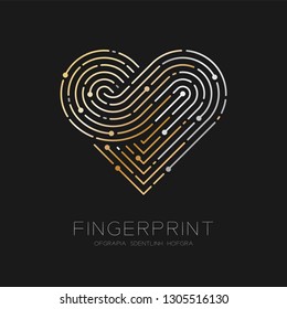 Heart pattern Fingerprint scan logo icon dash line, Love valentine concept, illustration gold and silver isolated on black background with Fingerprint text and space, vector eps10