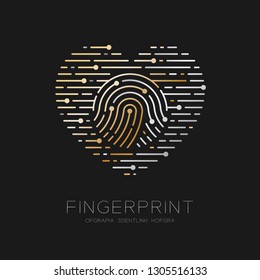 Heart pattern Fingerprint scan logo icon dash line, Love valentine concept, illustration gold and silver isolated on black background with Fingerprint text and space, vector eps10