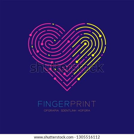 Heart pattern Fingerprint scan logo icon dash line, Love valentine concept, Editable stroke illustration pink and yellow isolated on dark blue background with Fingerprint text and space, vector eps10