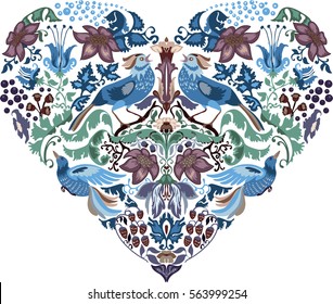 Heart pattern floral silhouettes with blue birds of happiness. Vintage luxury design. Perfect for cards, books, magazines etc