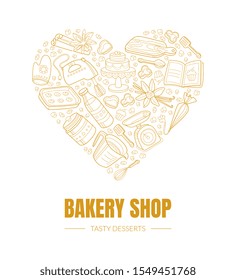 Heart with a pattern of kitchen items. Vector illustration on a white background.