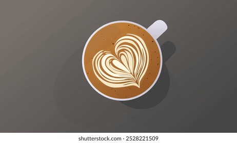 Heart pattern latte art vector illustration. Hot latte coffee in ceramic cup. top view. dark background. 
