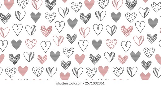 Heart pattern, line drawings, Valentine's Day. Hand drawn icons, doodle. Repeating background. Seamless texture.
