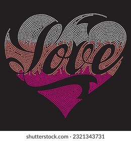 Heart pattern, love written pattern. Rhinestone design for t-shirt, bag or blouse, hotfix transfer. Abstract beautiful applique rhinestone background glitter motif.