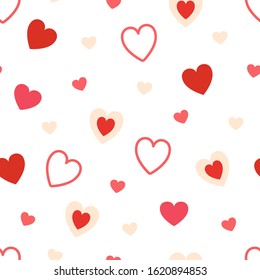 Heart pattern on white background. Hearts design element. Valentines Day texture. Bright doodle heart confetti. Romantic wallpaper design with symbol of love. Vector illustration.