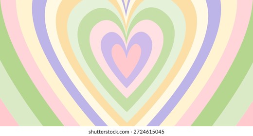 Patrón de corazón con rayas groovy verde pastel, rosa, amarillo y púrpura que forman Formas concéntricas del corazón. Lindo fondo de Vector retro perfecto para carteles, tela, papel de regalo y diseño romántico.