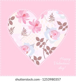 Heart pattern with rose flowers. Beautiful card for Valentine day in pink colors. Vector illustration.