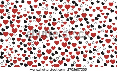 Heart pattern with scattered red, black, and outline hearts arranged in a seamless repeat ideal for Valentine prints and craft use.