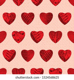 Heart pattern seamless background design print. Textured hearts on textured cloth background. Vector