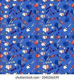 Heart pattern. Seamless Geek valentine':s day hearts background. Valentine':s with blue, white and black elements. Vector illustration.
