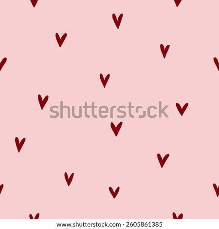 Heart pattern, seamless repeating print. Endless background design with simple tiny irregular valentines. Cute love texture for feminine fabric, textile, cloth, wrapping. Flat vector illustration