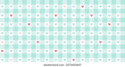 Heart pattern seamless teal vector. Valentine's Day gift wrapping paper design with classic vintage check gingham pattern.