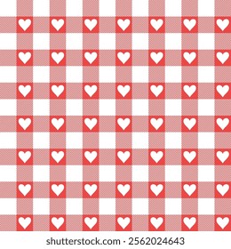 Heart pattern seamless vector. Valentine's Day gift wrapping paper design with classic retro check gingham pattern.