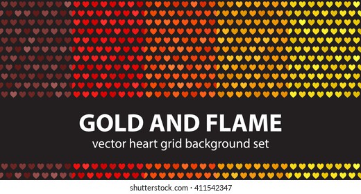 Heart pattern set "Gold and Flame". Vector seamless backgrounds
