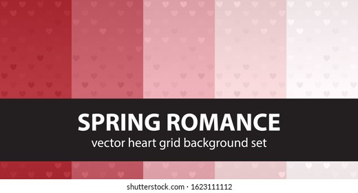 Heart pattern set Spring Romance. Vector seamless backgrounds - red, rose and pink hearts on gradient backdrops
