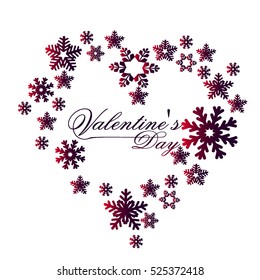 Heart pattern of snowflakes on a white background for a card declaration of love, Valentine's Day, wedding invitation, birthday. Beautiful winter snowflakes. Vector illustration