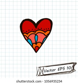Heart with a pattern. Style of children's drawing. Doodle drawing on a sheet of notebook