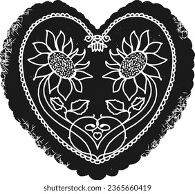 Herz mit einem Muster von Sonnenblumen. Vektor-isoliertes schwarzes Element für Design