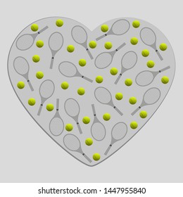 Heart with a pattern of tennis balls and rackets