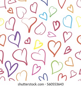 Heart pattern, valentines. Seamless. Hearts on a white background. Colorful elements for cards, packaging, paper, typography, business cards, tissues. Vector illustration