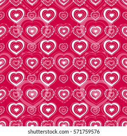 Heart pattern vector seamless. Loving sketch girl print. White line contour hearts on pink background. Design for Valentine day cards, wallpaper, fabric and wrapping paper.