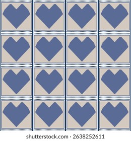 Heart pattern vector in square of blue and brown tone. Abstract heart pixel arts. Concept of geometric, bold lines, modern, love, repeat for seamless, fashion, texture, textiles, wrap, background.