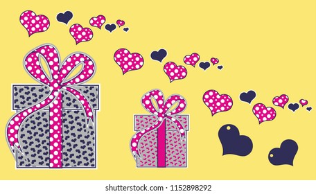 Heart patterned gift box with pink ribbon on yellow background. Vector illustration.