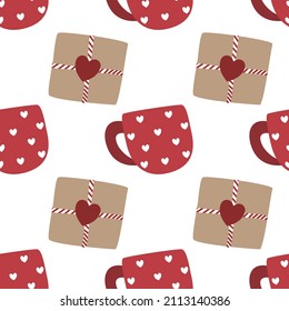 Heart patterned mug and Valentine's Day gift on white background. Seamless pattern. Patterns for decorating, wrapping paper, cards, bags, boxes or other packaging. Valentines Day.