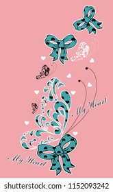 Heart patterned ribbons with blue shapes and butterflies on pink background. Vector illustration.