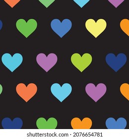 Heart patterns in rainbow colors on black background, cheerful, vector, textile, fabric, overlay, design, fun