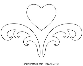 Corazón con patrones, tatuaje valentino - imagen lineal vectorial para libro de colorear, logotipo o pictograma. Esquema. Corazón y olas para libro de colorantes