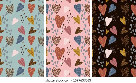 Heart Patterns For Valentine's Day and Wedding Designs. Set of three cute romantic vector patterns with abstract hearts for your designs.