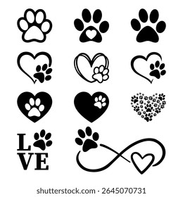 Heart Paw Animal Love Footprint Vector Set