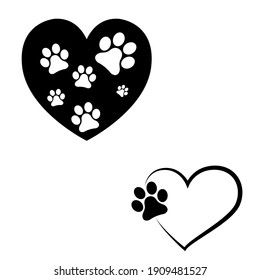 Heart paw icon vector set. Dog paw illustration sign collection. love dog symbol.