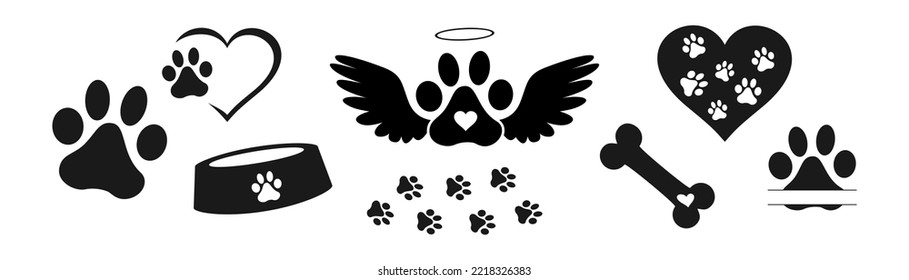 Juego de vectores de iconos de la garra del corazón. Colección de signos de la ilustración de la pata de perro. símbolo de perro de amor.