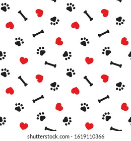 Heart, paw print, bone seamless pattern. Design for textile, wallpaper, fabric, wrapping, scrap, gift paper. White background. Love dog, cat concept. Pet care symbol. Vector repeat ornament