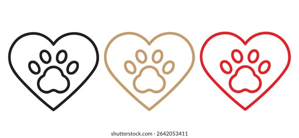 Heart paw print love animal pet dog cat puppy kitten valentine adorable outline vector art.