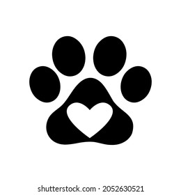 Heart with paw. Traces of dogs or cats. Vector isolated silhouette.