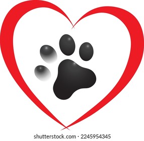 Heart with paw. Traces of dogs or cats. Vector isolated silhouette.