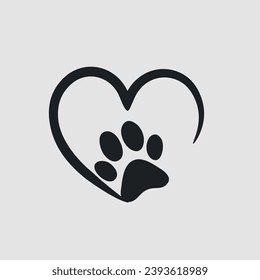 Heart with paw. Traces of dogs or cats. Vector isolated silhouette.
