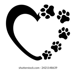 Heart paw. Vector illustration. Dog love print. Isolated black object ob white background.