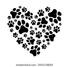 Heart paw. Vector illustration. Dog love print. Isolated black object ob white background.