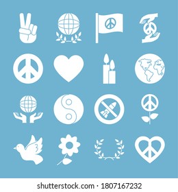 heart and peace symbol icon set over blue background, silhouette style, vector illustration