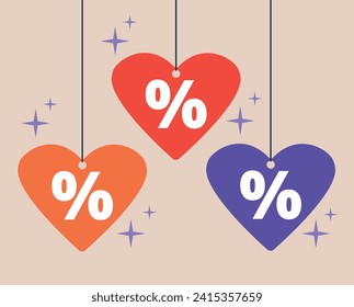 Heart pendant with a percent sign. Discount percent tag in heart icon. You can use it for valentine`s day shopping concept. Vector Illustrations